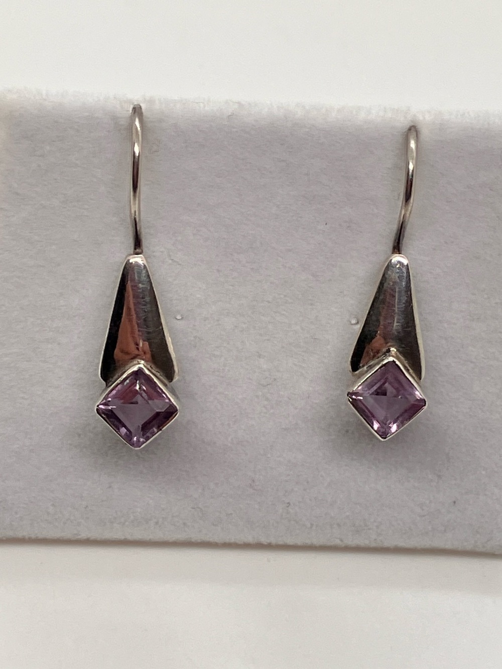 Vtg 925 Amethyst Art Deco Revival Geometric Drop Earrings Sterling Silver